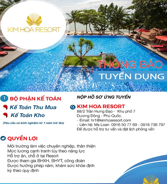 Kim Hoa Resort Phú Quốc - tuyển dụng Nhân sự cho năm 2021