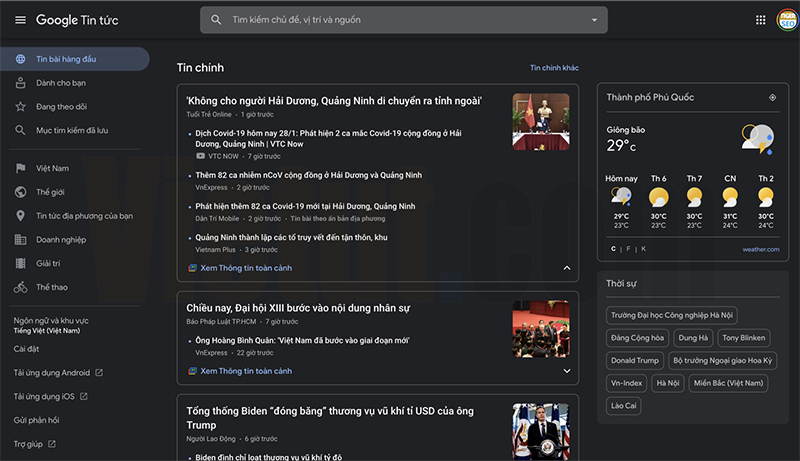 Ví dụ về màn hình chính của Google News - Vietut