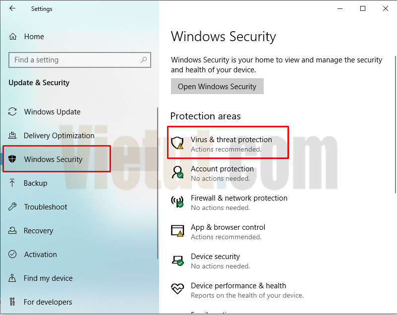 Mở Windows security và chọn Virus and threat protection