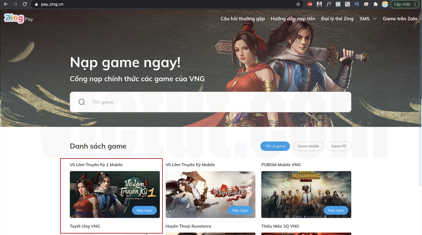 Web pay của Zing Game công nạp game VNG chính thức